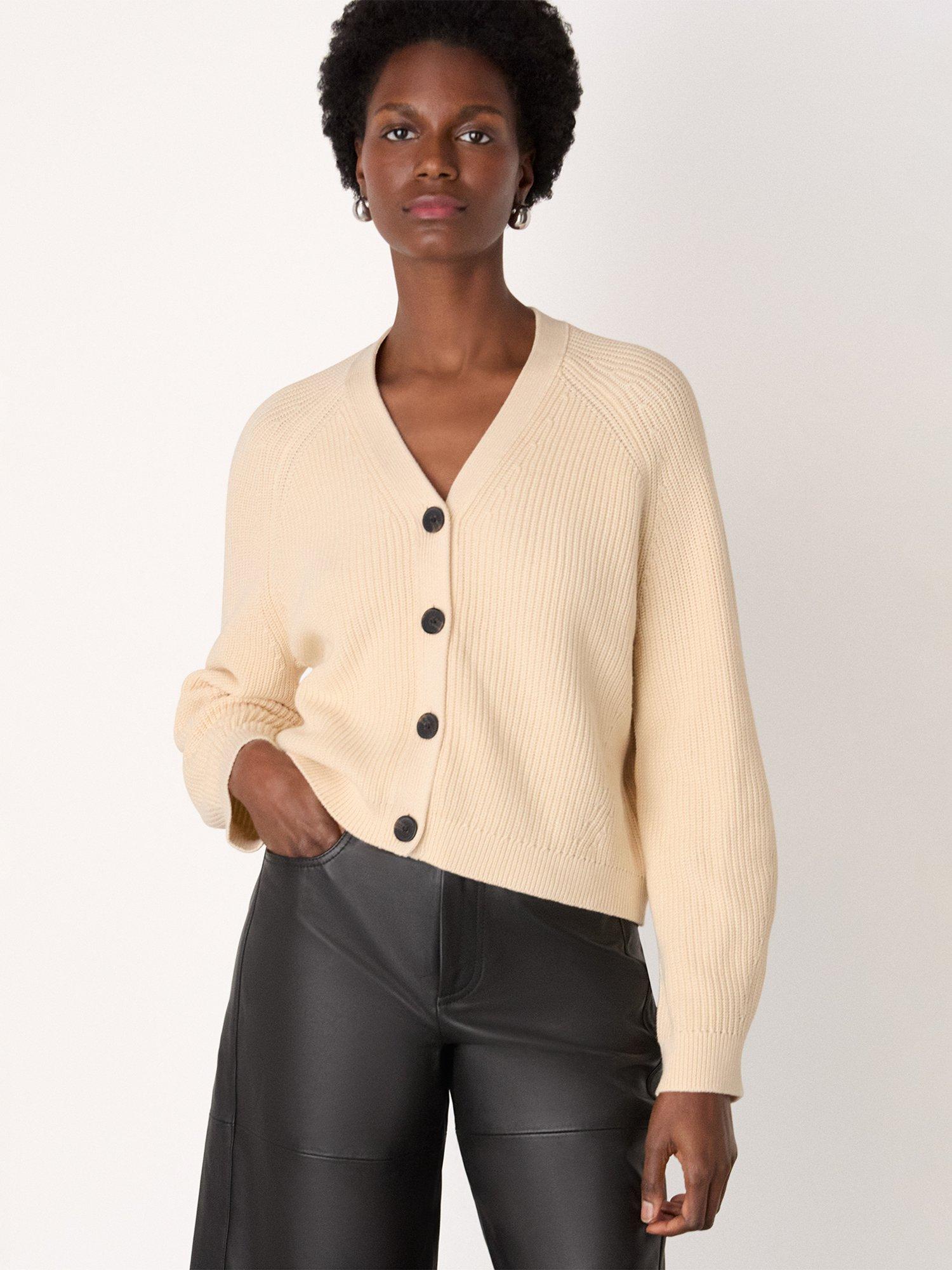 Product image 1 of 6, which shows Whistles V-Neck Ribbed Cardigan, Ivory, XS