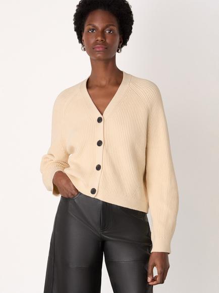 Whistles V-Neck Ribbed Cardigan, Ivory, Ivory