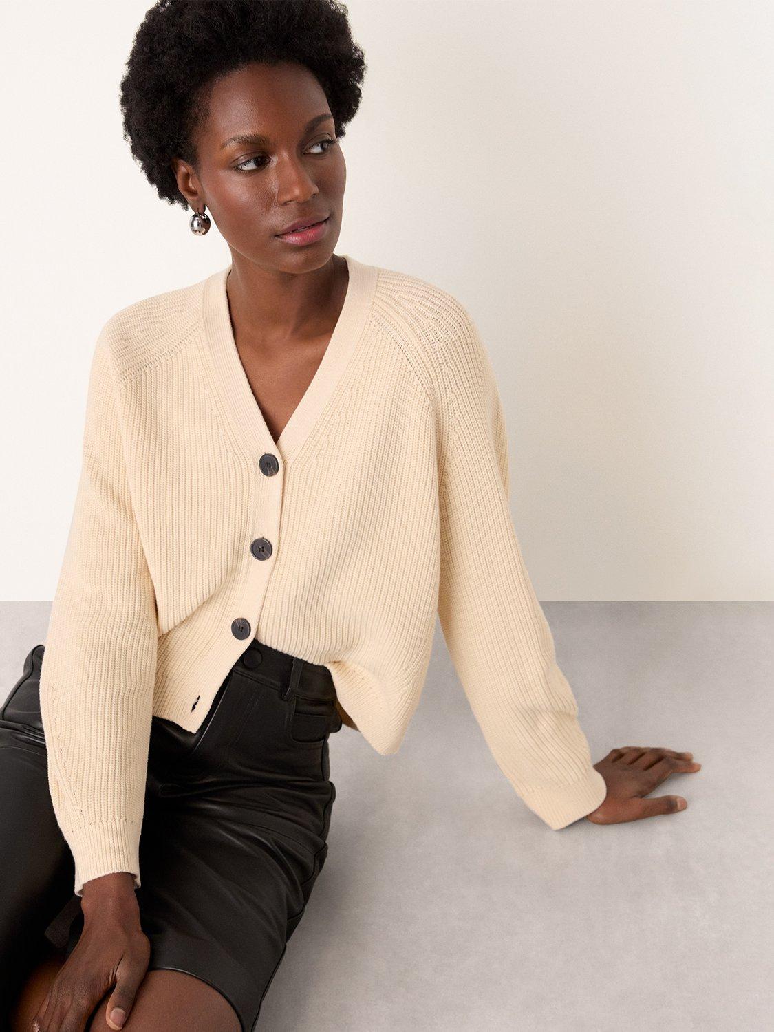 Product image 4 of 6, which shows Whistles V-Neck Ribbed Cardigan, Ivory, XS