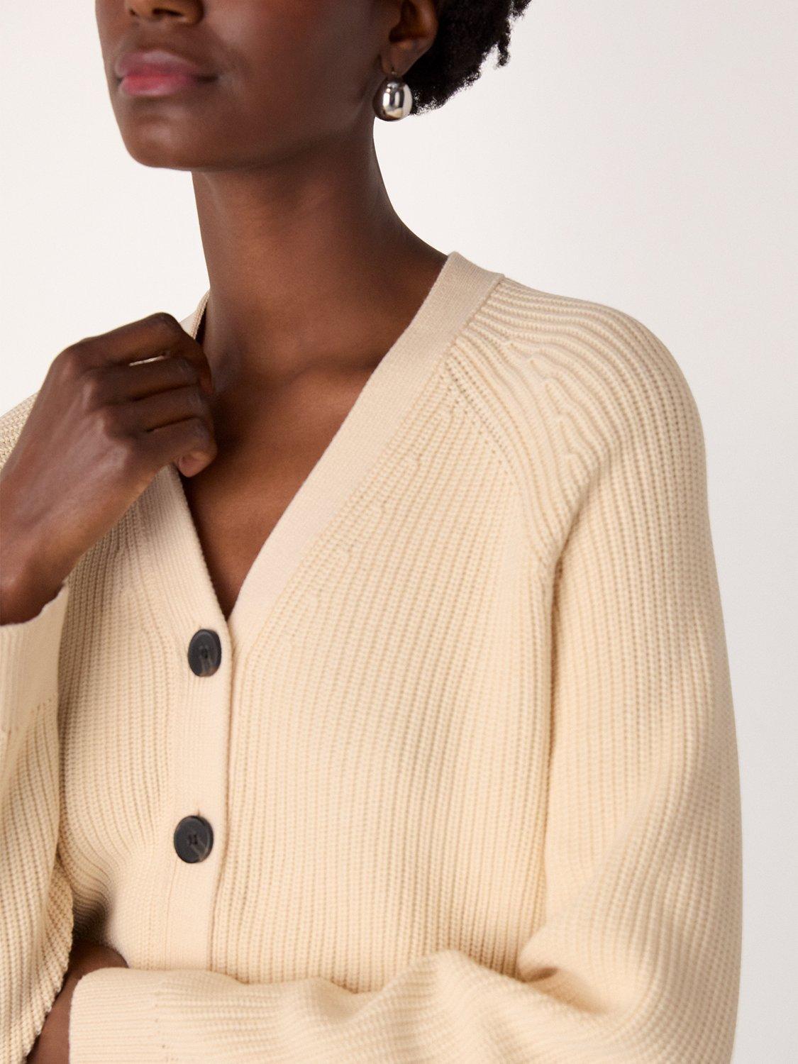 Product image 5 of 6, which shows Whistles V-Neck Ribbed Cardigan, Ivory, XS