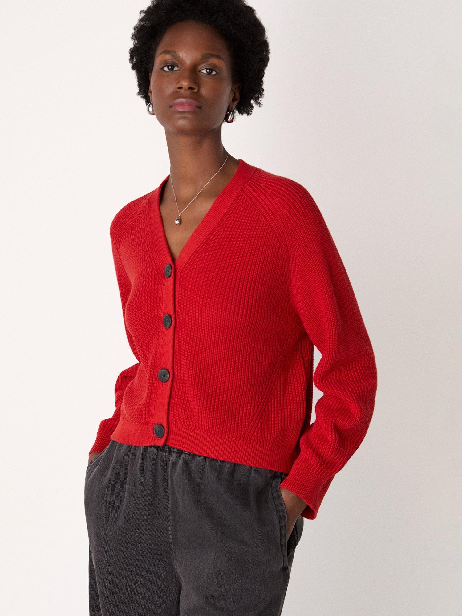 Product image 1 of 6, which shows Whistles V-Neck Ribbed Cardigan, Red, XS