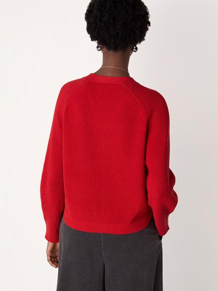 Whistles V-Neck Ribbed Cardigan, Red - view 2, Red