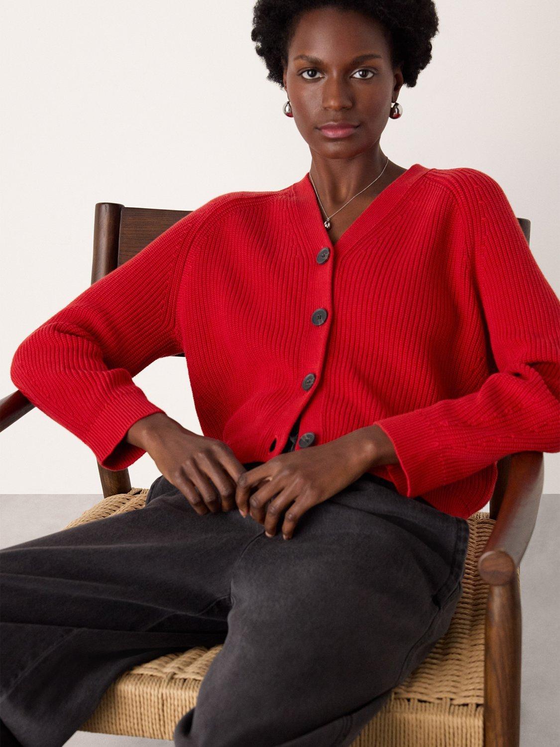 Product image 4 of 6, which shows Whistles V-Neck Ribbed Cardigan, Red, XS