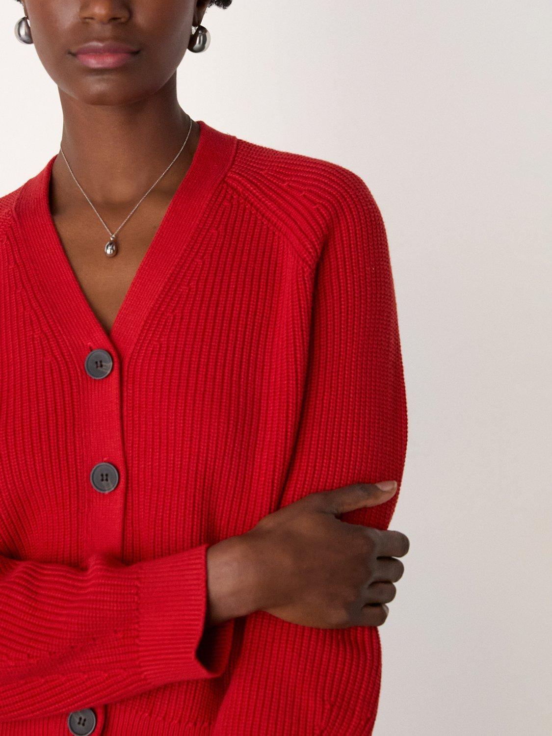 Product image 5 of 6, which shows Whistles V-Neck Ribbed Cardigan, Red, XS