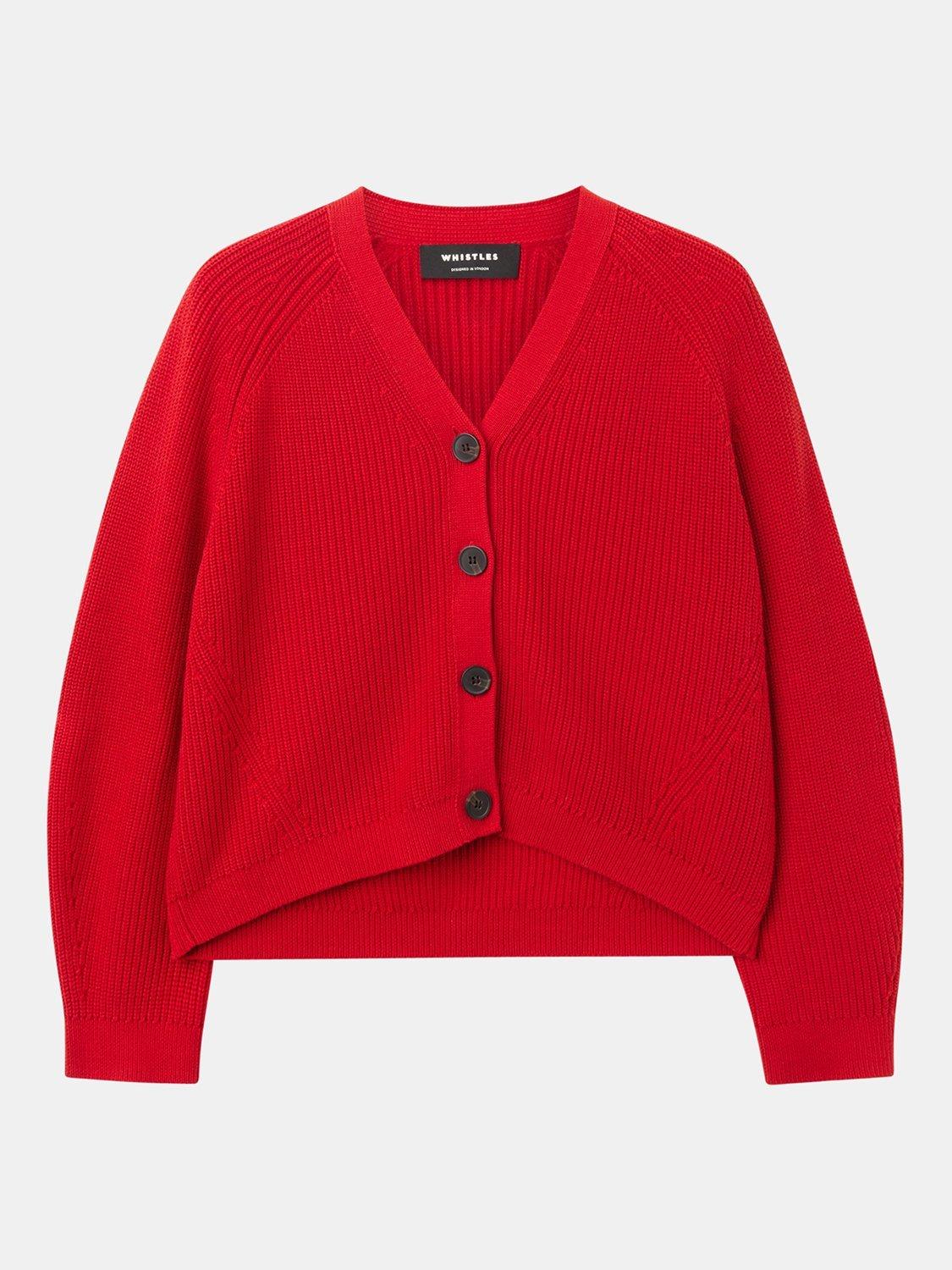 Product image 6 of 6, which shows Whistles V-Neck Ribbed Cardigan, Red, XS