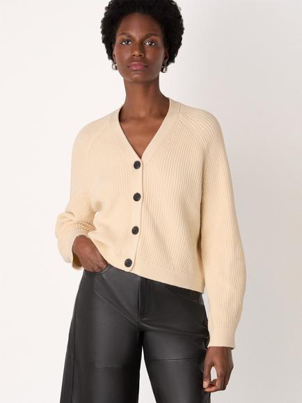 Whistles Petite V-Neck Ribbed Cardigan, Ivory
