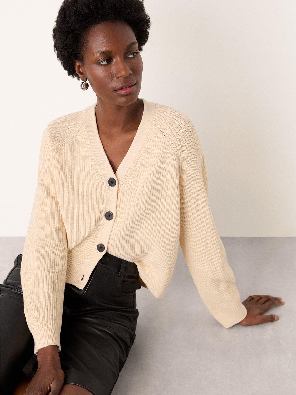 Product image 4 of 6, which shows Whistles Petite V-Neck Ribbed Cardigan, Ivory, XS