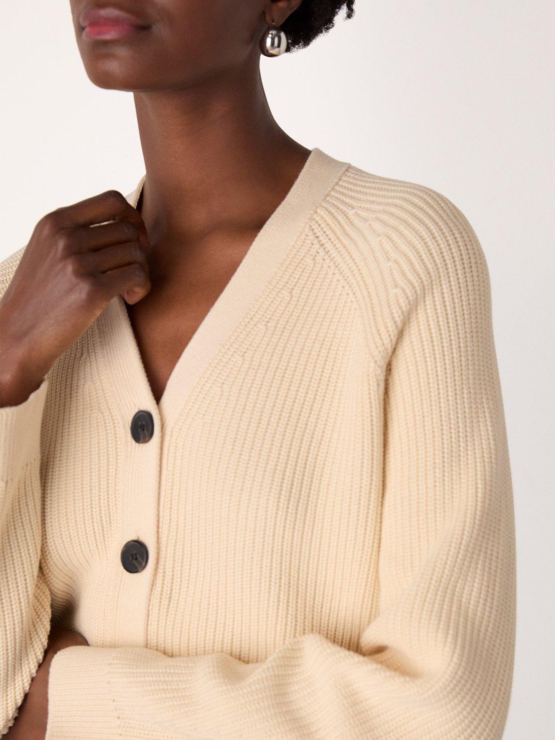 Product image 5 of 6, which shows Whistles Petite V-Neck Ribbed Cardigan, Ivory, XS