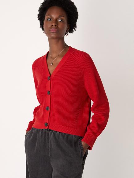 Whistles Petite V-Neck Ribbed Cardigan, Red
