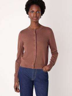 Whistles Crew Neck Fine Gauge Wool Blend Cardigan, Brown, Brown