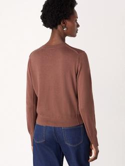 Whistles Crew Neck Fine Gauge Wool Blend Cardigan, Brown - view 2, Brown