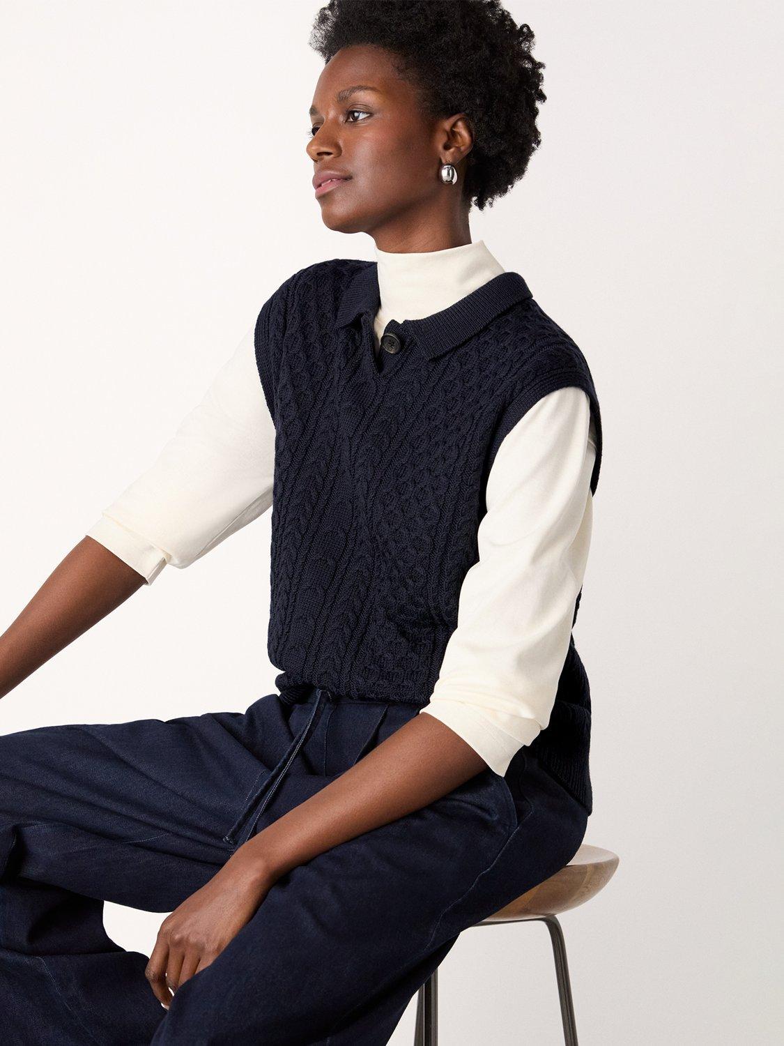 Product image 4 of 6, which shows Whistles Cable Detail Wool Rich Tank Top, Navy, XS