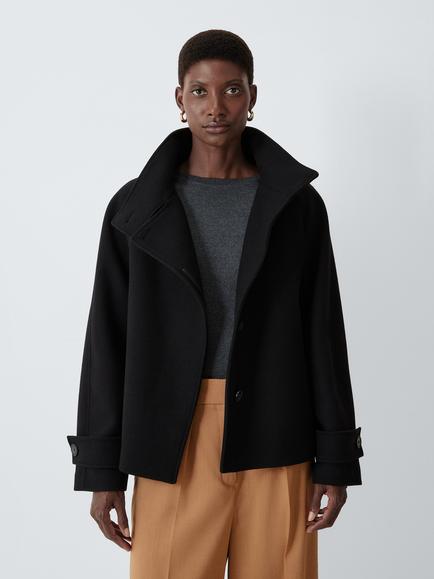 John Lewis Funnel Neck Asymmetric Wool Blend Short Jacket - view 2, Black