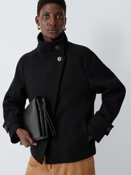 John Lewis Funnel Neck Asymmetric Wool Blend Short Jacket, Black