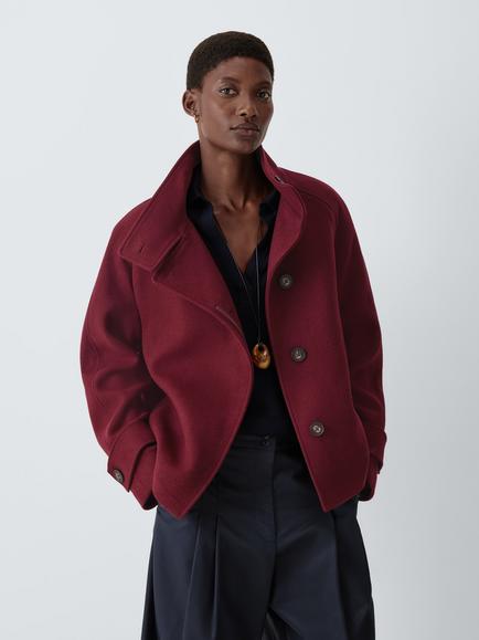John Lewis Funnel Neck Asymmetric Wool Blend Short Jacket, Burgundy