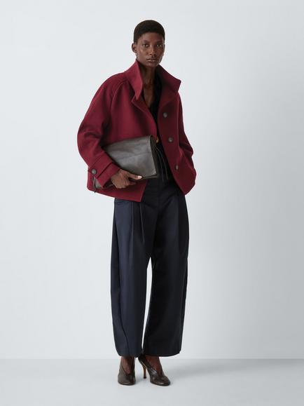 John Lewis Wool Blend Funnel Neck Short Coat, Burgundy