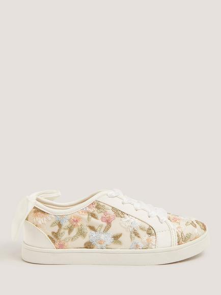 Monsoon Kids' Floral Embroidered Trainers, Gold, Gold