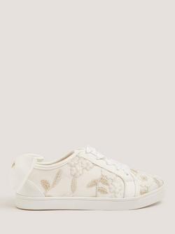 Monsoon Kids' Floral Embroidered Trainers, Ivory, Ivory