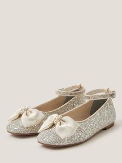 Monsoon Kids' Bow Glitter Ballet Flat Shoes, Ivory - view 2, Ivory