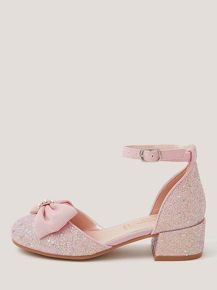 Monsoon Kids' Bow Glitter Heels, Pink - view 2, Pink