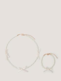 Monsoon Kids' Bow Pearl Necklace and Bracelet Set, White/Rose Gold, White/Rose Gold