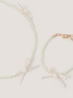Monsoon Kids' Bow Pearl Necklace and Bracelet Set, White/Rose Gold - view 2, White/Rose Gold