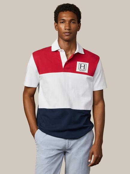 Hackett London Heritage Colour Block Short Sleeve Cotton Rugby Shirt, Red/White/Navy