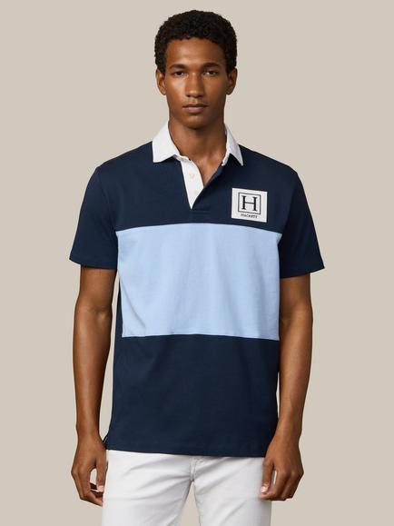 Hackett London Heritage Colour Block Short Sleeve Cotton Rugby Shirt, Old Navy/Light Blue/White