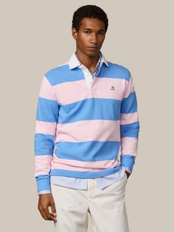 Hackett London Long Sleeve Stripe Cotton Rugby Shirt, Light Pink/Blue/White, Light Pink/Blue/White