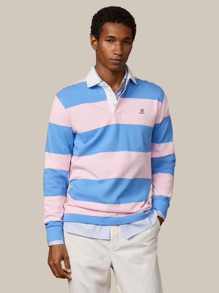Hackett London Heritage Stripe Cotton Rugby Shirt, Light Pink/Blue/White, Light Pink/Blue/White