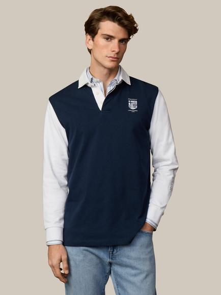 Hackett London Heritage Cotton Classic Fit Rugby Shirt, Old Navy/White, Old Navy/White