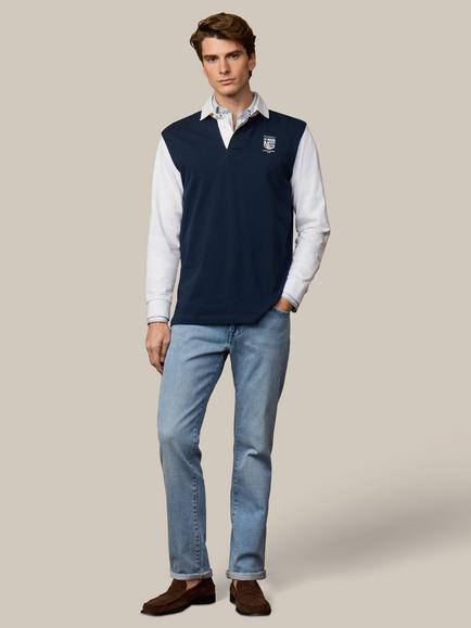 Hackett London Heritage Cotton Classic Fit Rugby Shirt, Old Navy/White - view 2, Old Navy/White