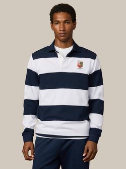 Hackett London Long Sleeve Stripe Cotton Rugby Shirt, Optic White/Navy, Optic White/Navy
