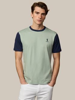Hackett London Cotton Regular Fit Short Sleeve Colour Block T-Shirt, Sage Green/Navy, Sage Green/Navy