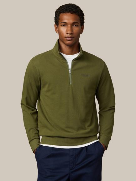 Hackett London Heritage Quarter Zip Cotton Sweatshirt, Moss Green