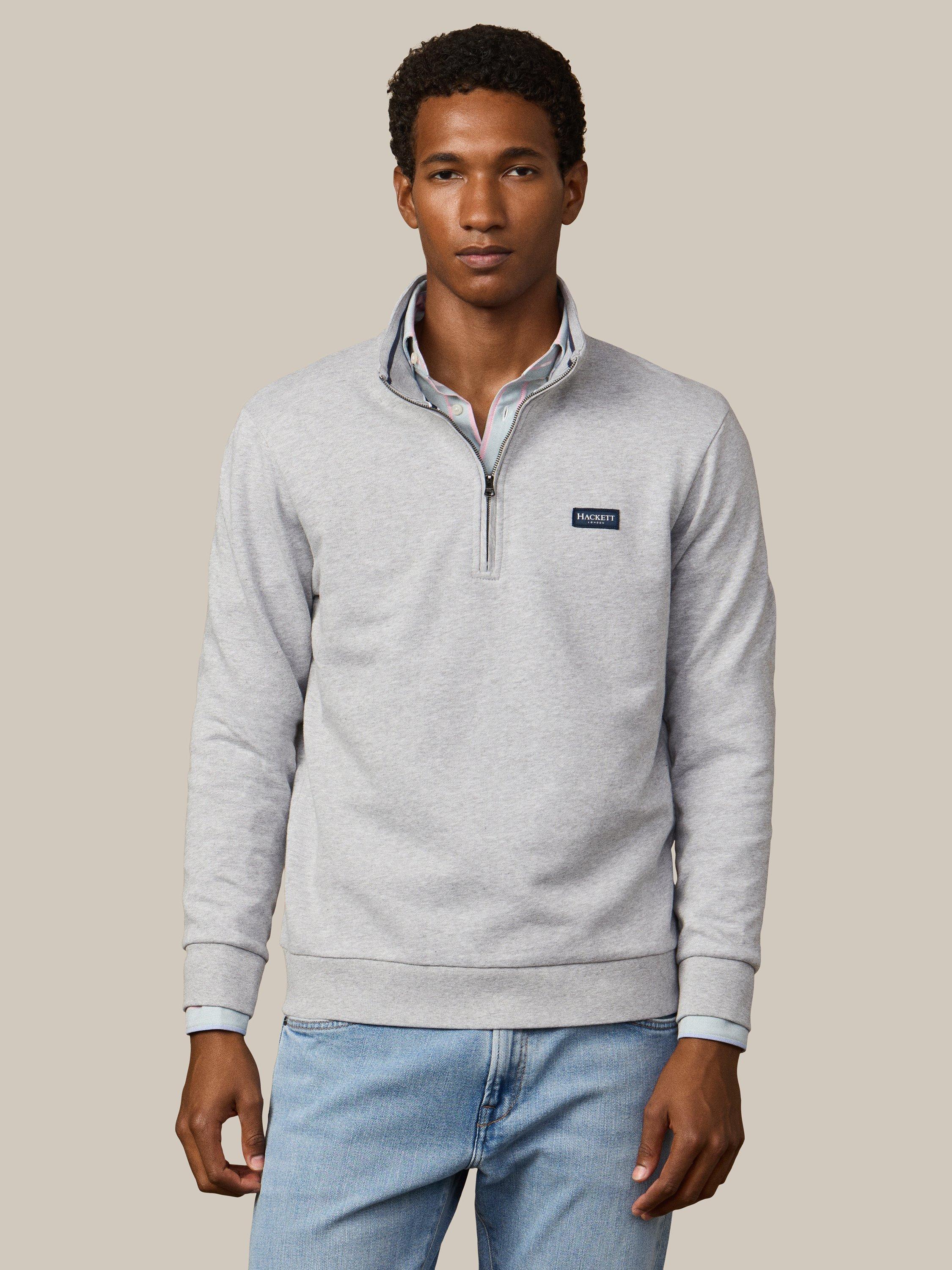 Product image 1 of 8, which shows Hackett London Quarter-Zip Cotton Sweatshirt, Light Grey Marl, XS