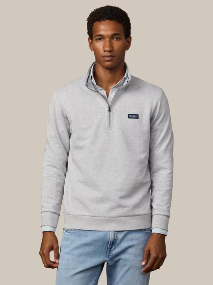 Hackett London Heritage Quarter Zip Cotton Sweatshirt, Light Grey Marl