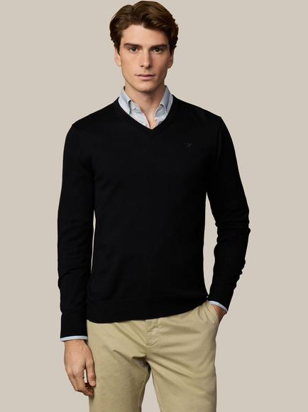 Hackett London Heritage V Neck Cotton Jumper, Black