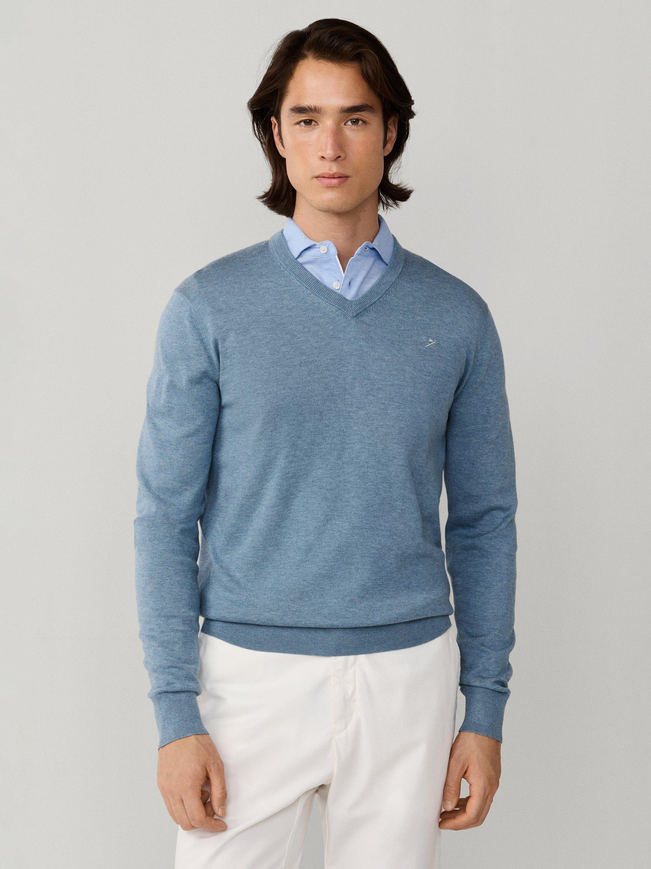 Product image 1 of 7, which shows Hackett London Cotton with Silk V-Neck Jumper, Dusty Blue, XXXL