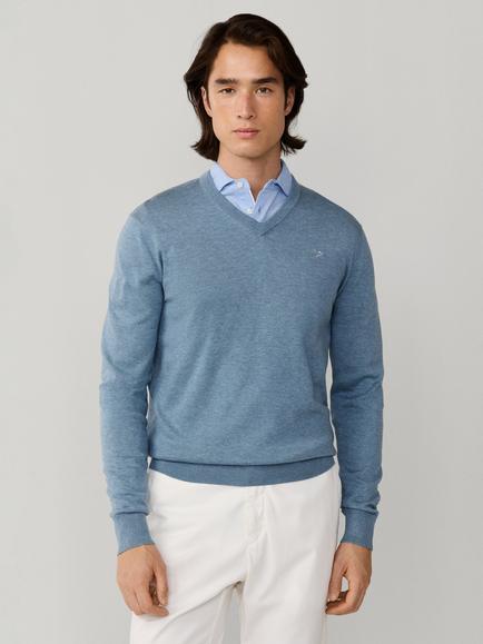 Hackett London Cotton with Silk V-Neck Jumper, Dusty Blue