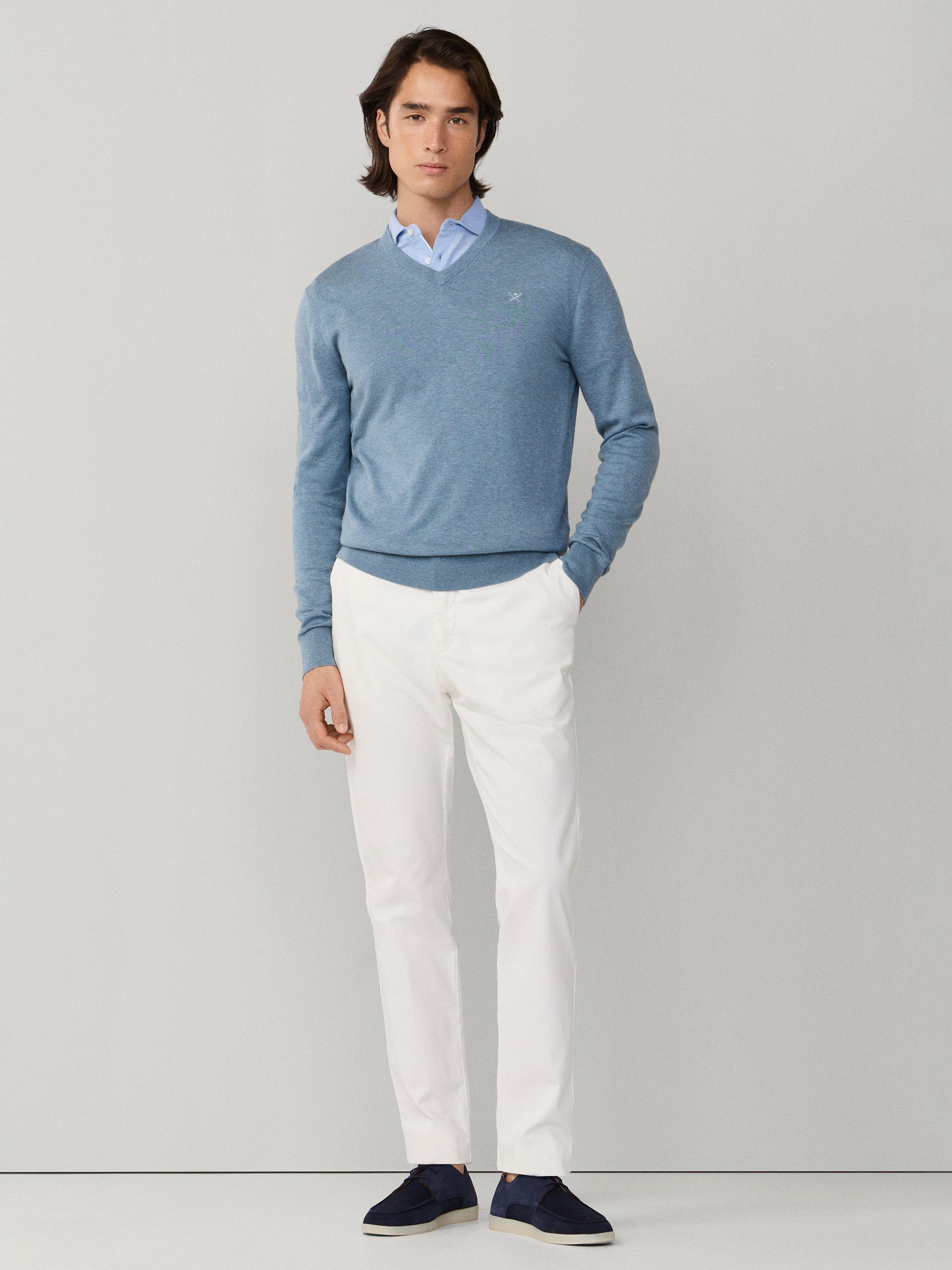 Product image 2 of 7, which shows Hackett London Cotton with Silk V-Neck Jumper, Dusty Blue, XXXL