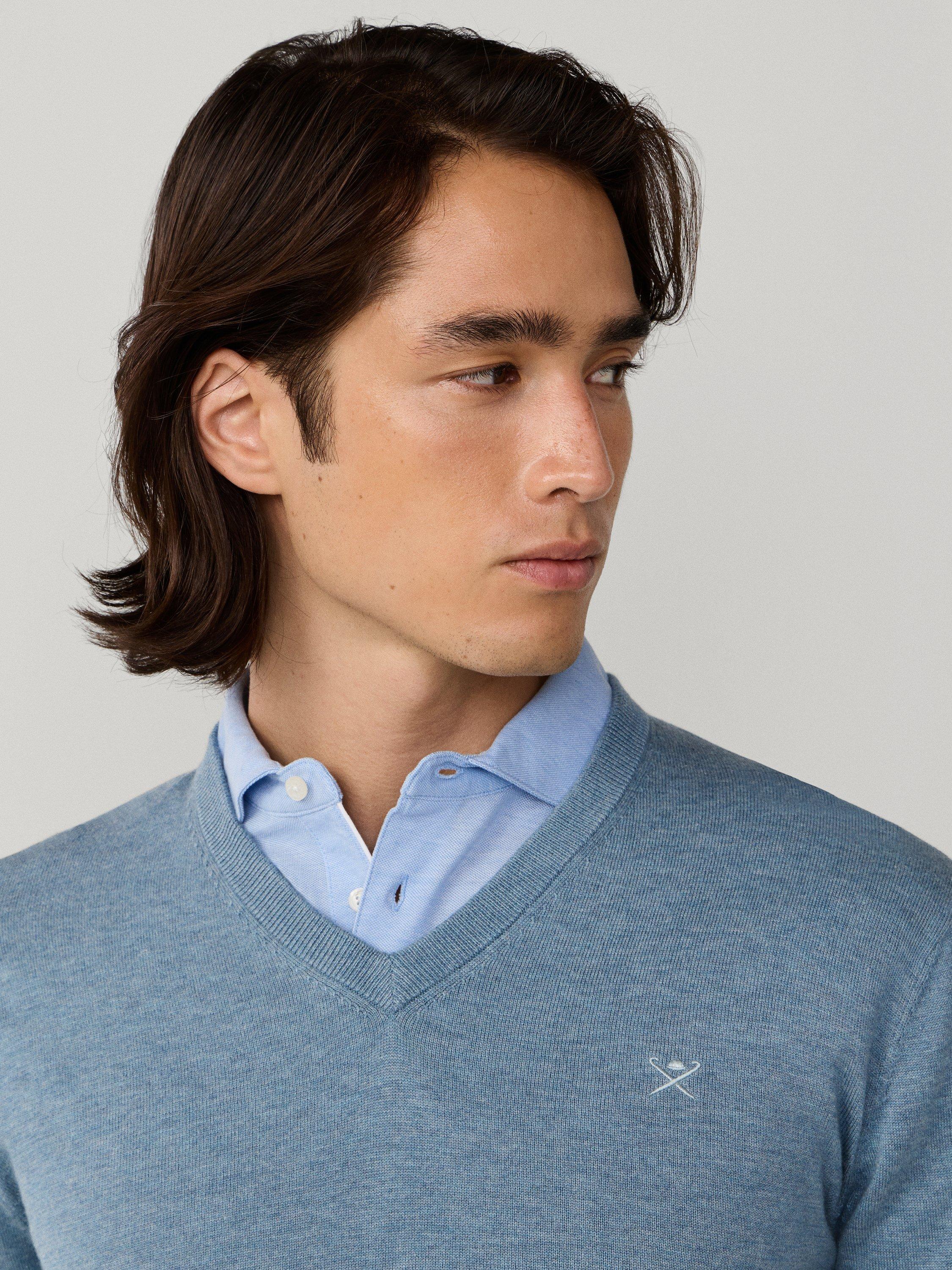 Product image 5 of 7, which shows Hackett London Cotton with Silk V-Neck Jumper, Dusty Blue, XXXL