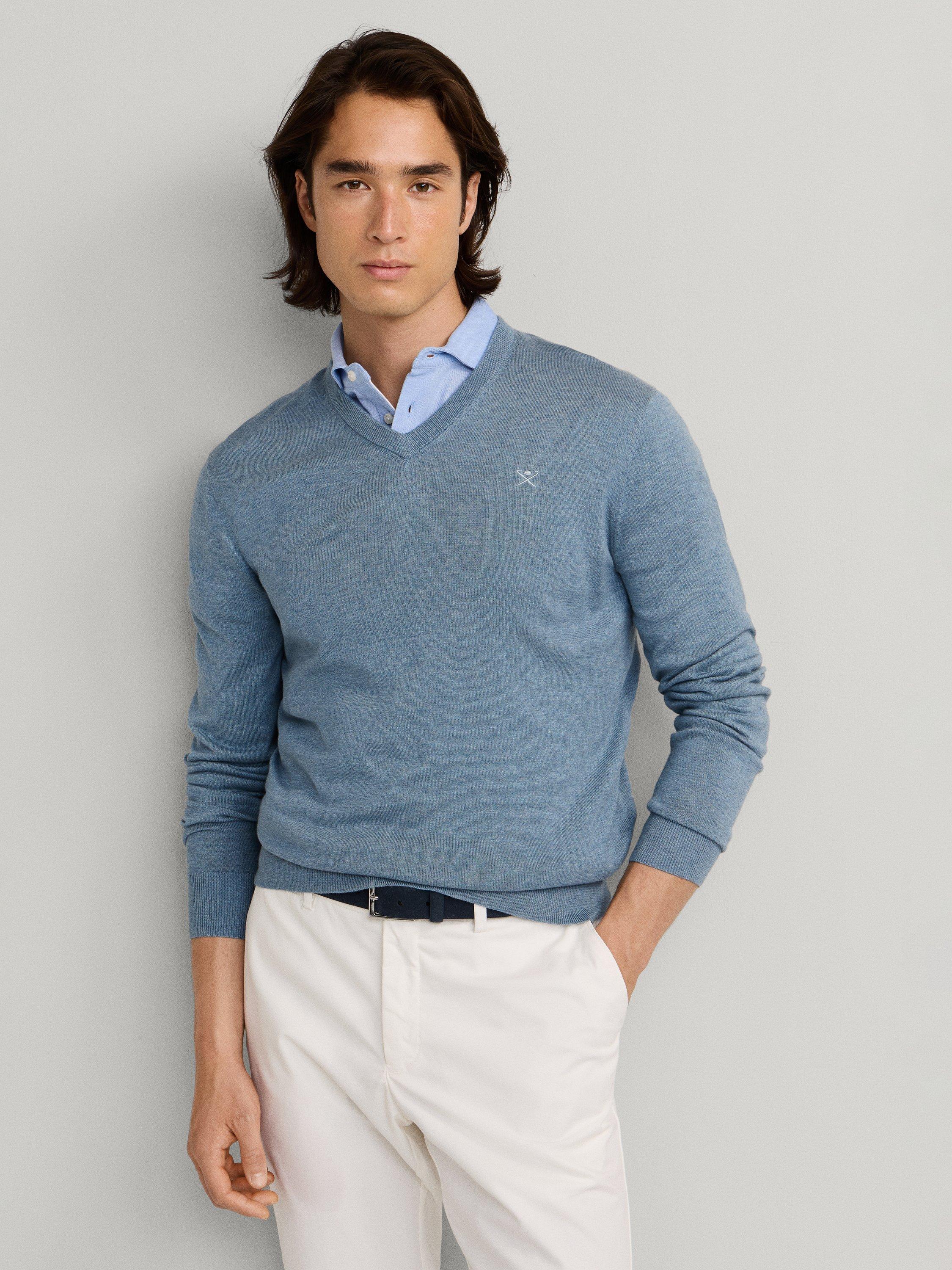 Product image 7 of 7, which shows Hackett London Cotton with Silk V-Neck Jumper, Dusty Blue, XXXL