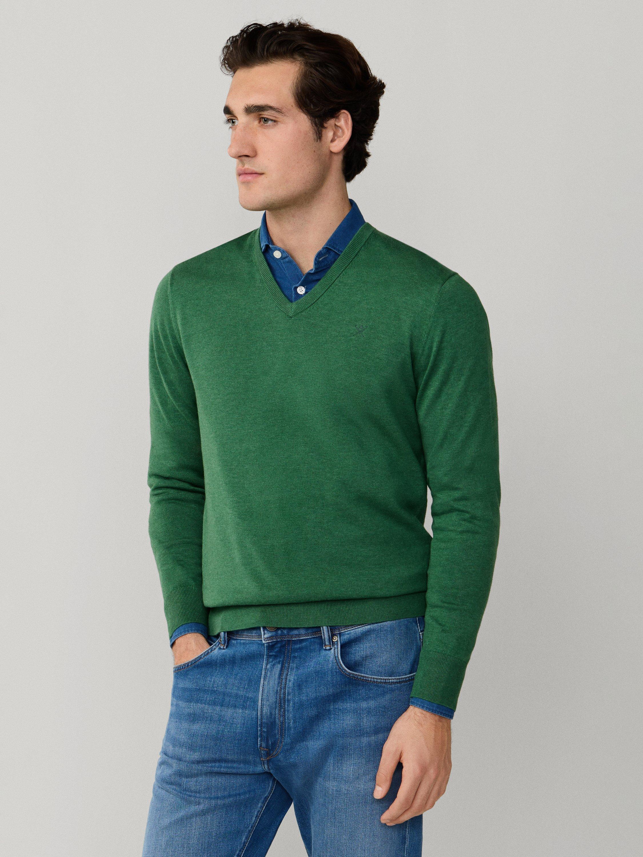 Product image 7 of 8, which shows Hackett London Cotton with Silk V-Neck Jumper, Apple Green, XS
