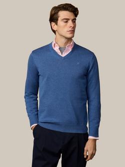Hackett London Cotton V-Neck Jumper, Thames Blue, Thames Blue