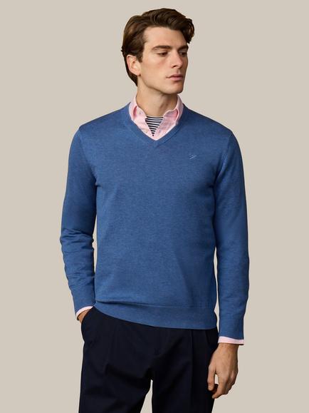 Hackett London Cotton V-Neck Jumper, Thames Blue, Thames Blue