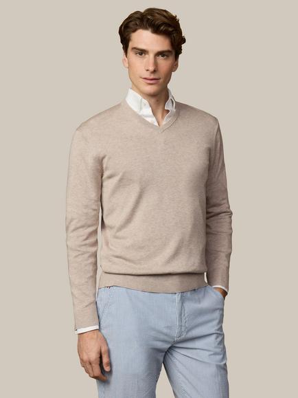 Hackett London Heritage V Neck Cotton Jumper, Malt Beige