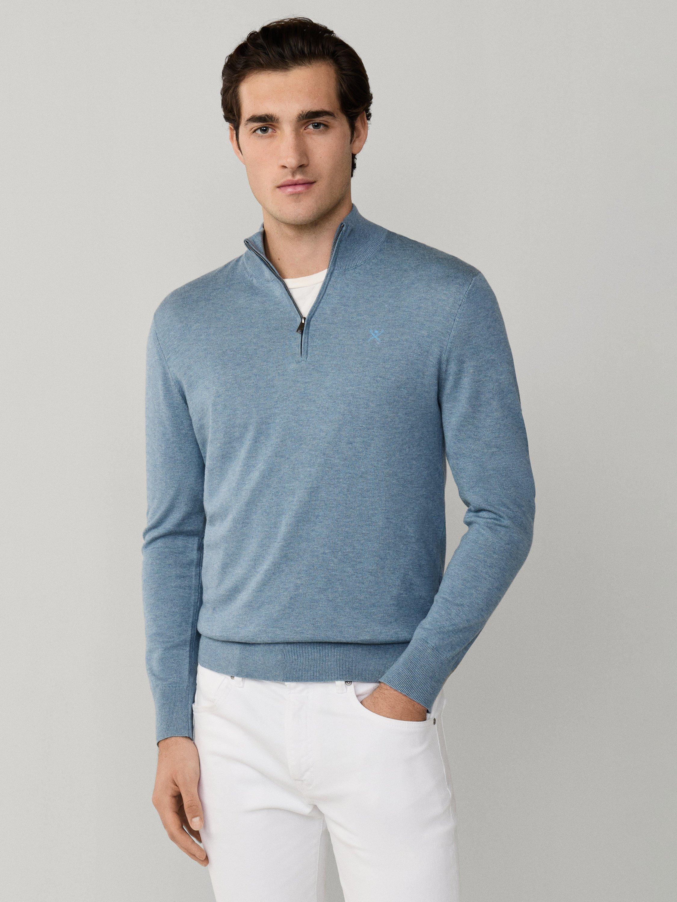 Product image 1 of 8, which shows Hackett London Cotton with Silk Quarter-Zip Jumper, Dusty Blue, XXXL