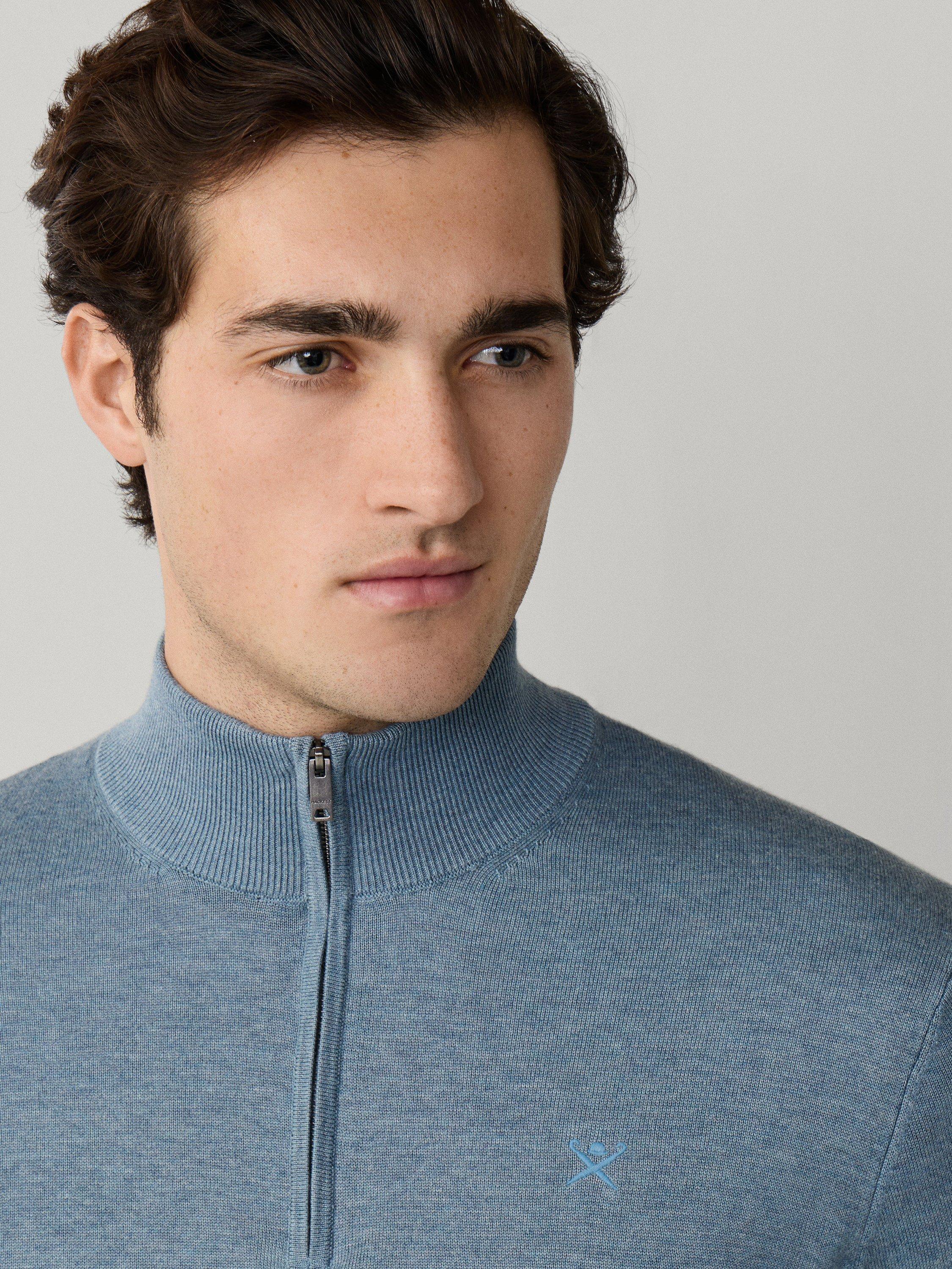 Product image 5 of 8, which shows Hackett London Cotton with Silk Quarter-Zip Jumper, Dusty Blue, XXXL