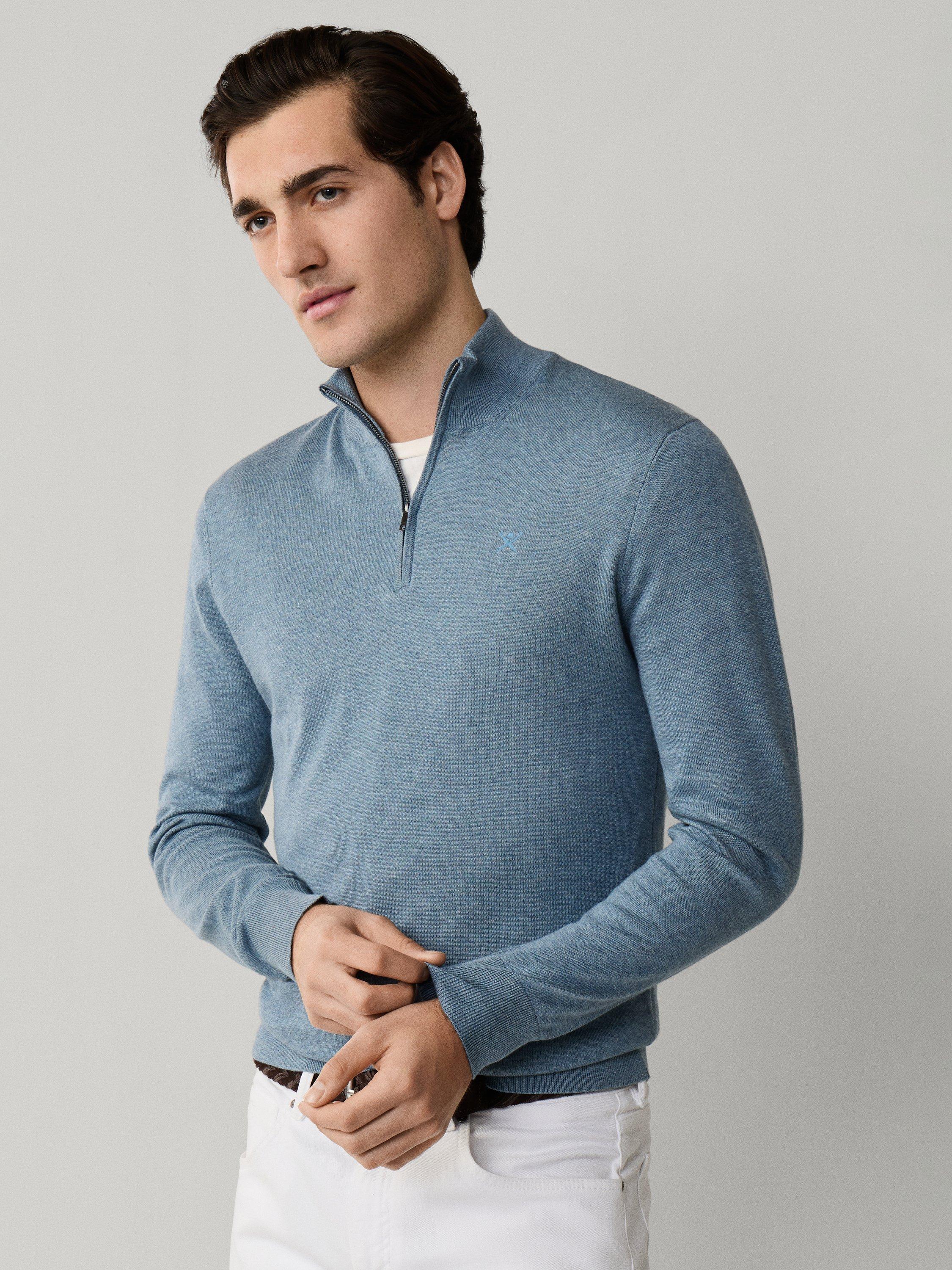Product image 8 of 8, which shows Hackett London Cotton with Silk Quarter-Zip Jumper, Dusty Blue, XXXL